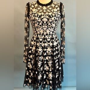 Needle & Thread Black Mesh Dress with White Floral Embroidery